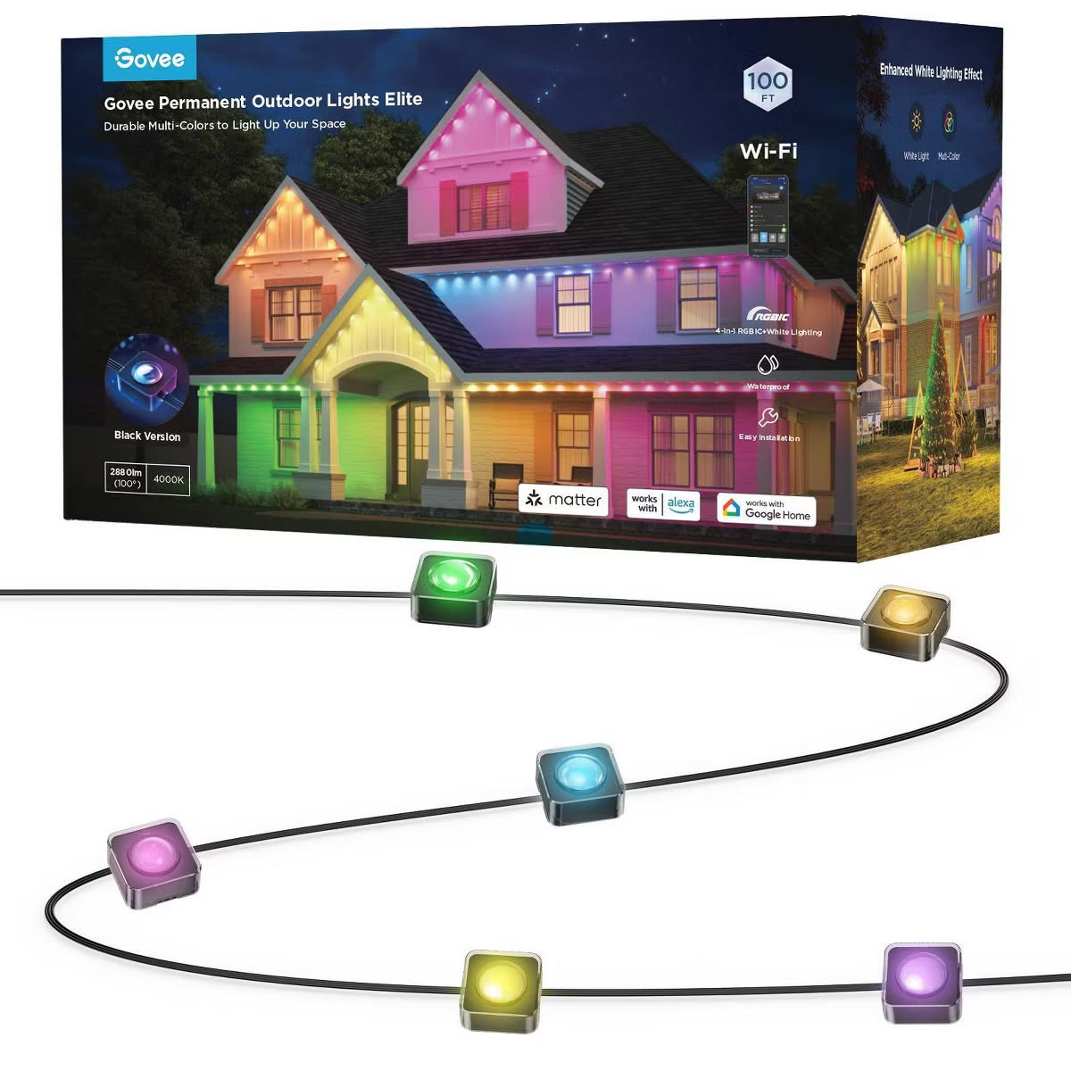 Govee 100ft RGBICW Black Permanent Outdoor Lights Elite: Multicolored LED String Lighting